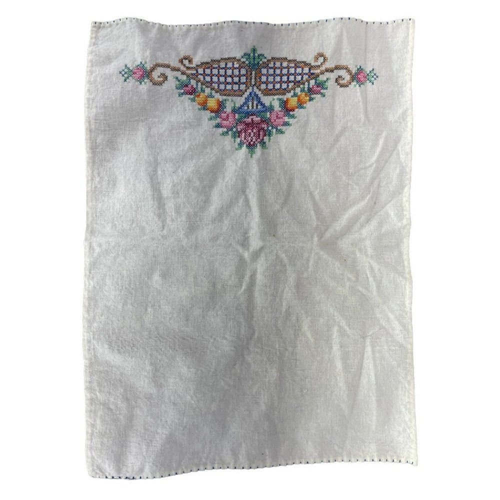 Vintage Hand Cross Stitched Floral Kitchen Linen Tea Towel 18 x 13.5 Basket Pink